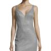 Alyce Paris Dress Style 1480 7 Young women wearing a Alyce Paris Dress Style 1480 in Silver. Shimmer dress with fabulous criss cross back detail and shallow plunge neckline from Silhouette London, Party Dress Specialists in London