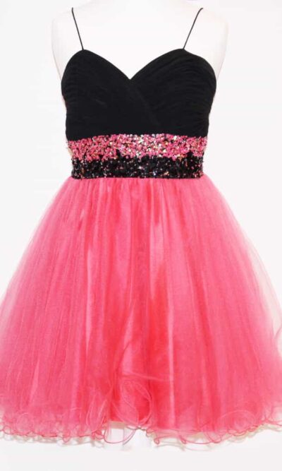 Pre-Loved' Yasmin Party Dress in Black and Coral with ruched, embellished sweetheart neckline and full tulle skirt with scalloped edge from Silhouette London, Girls Party Dress Specialists in London