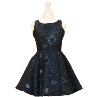 'Pre-Loved' By Debra Jacquard Dress with Skater Skirt and Keyhole Back Detail. Gorgeous in shimmery Teal from Silhouette London, Specialist Dress Boutique in London