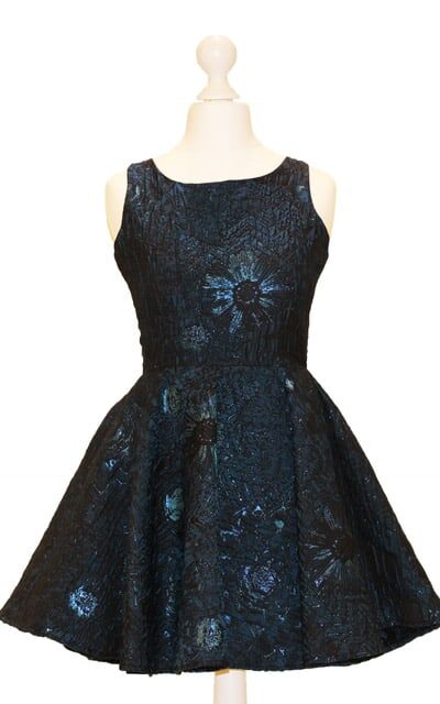'Pre-Loved' By Debra Jacquard Dress with Skater Skirt and Keyhole Back Detail. Gorgeous in shimmery Teal from Silhouette London, Specialist Dress Boutique in London