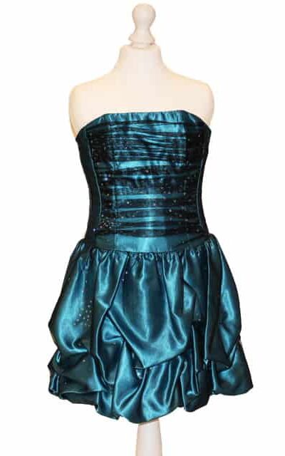 'Pre-Loved' Jessica Mcklintock Dress. Teal taffeta with black tulle overlay. Ruched strapless bodice and pick up skirt from Silhouette London, Party dress specialists in London