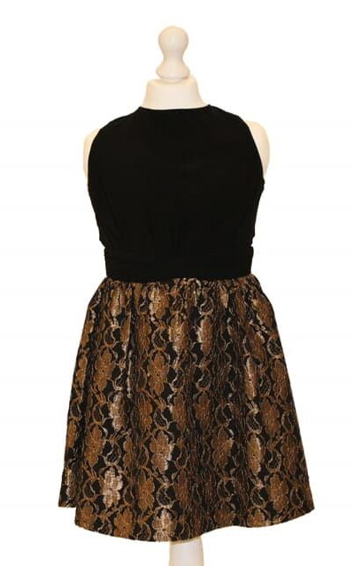 'Pre-Loved' Little Mistress Dress in Black and Gold. Fabulous Little Mistress party dress with black blouson top and skater black and gold skirt from Silhouette London, Party dress specialists London