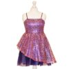 'Pre-Loved' UDT Fashion Peekaboo Dress 4 'Pre-Loved' Un Deux Trois Peekaboo Dress. Fuschia and Purple sequin Peekaboo dress with purple satin waistband and purple tulle peekaboo tulle on the skirt from Silhouette London, Girls Dress specialist in London