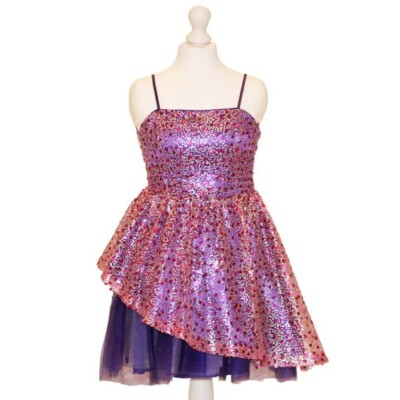 'Pre-Loved' Un Deux Trois Peekaboo Dress. Fuschia and Purple sequin Peekaboo dress with purple satin waistband and purple tulle peekaboo tulle on the skirt from Silhouette London, Girls Dress specialist in London