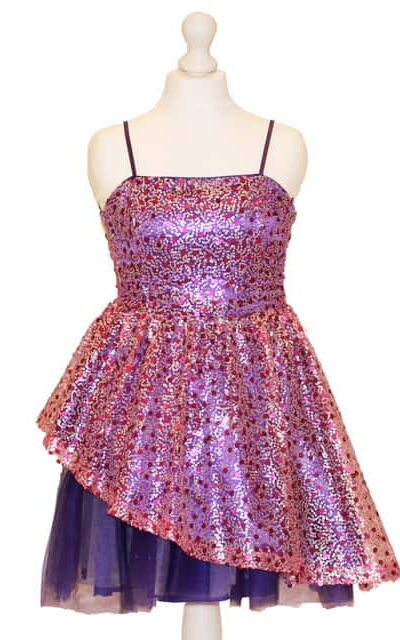 'Pre-Loved' Un Deux Trois Peekaboo Dress. Fuschia and Purple sequin Peekaboo dress with purple satin waistband and purple tulle peekaboo tulle on the skirt from Silhouette London, Girls Dress specialist in London