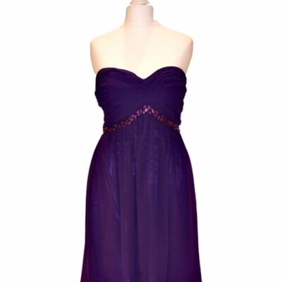 'Pre-Loved' Pink Label Dress in Purple. Strapless Chiffon Dress with beaded waistband and ruched bodice from Silhouette London, Prom Dress specialists in London