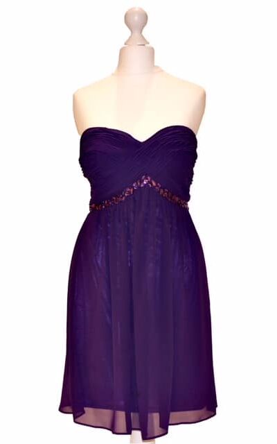 'Pre-Loved' Pink Label Dress in Purple. Strapless Chiffon Dress with beaded waistband and ruched bodice from Silhouette London, Prom Dress specialists in London