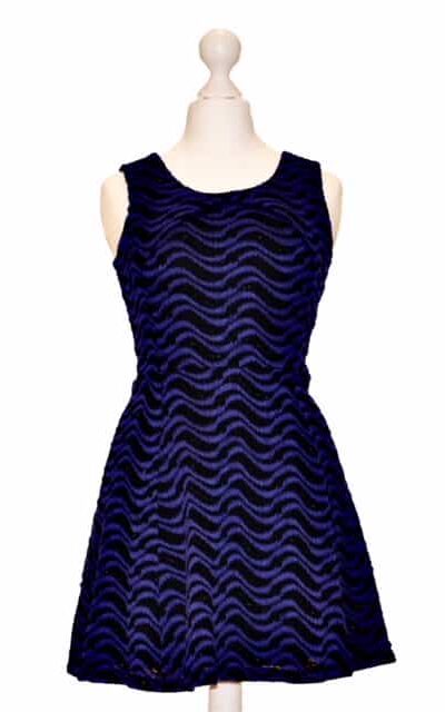 'Pre-Loved' Elisa B Skater Dress in Royal Blue and Black with a shimmery thread weaved through from Silhouette London, Dress specialists in London