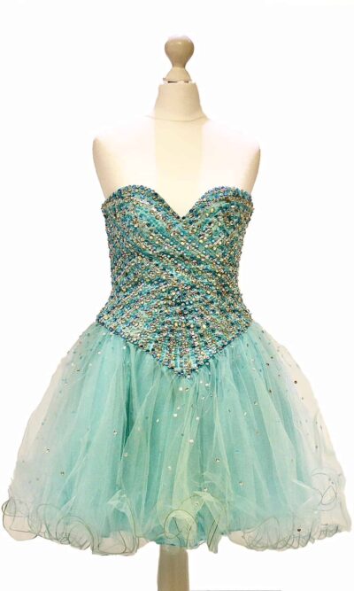 'Pre-Loved' Mori Lee Prom Dress Turquoise Tulle with gorgeous crystal embellishment and corset tie back from Prom Dress Specialists Silhouette London
