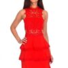 AX Paris Crochet Halter Dress (Red) 3 Teenager wearing a AX Paris Crochet Halter Dress in Red. Chiffon and lace with cut out sides and a fun flirty tiered skirt from Silhouette London, Girls party dress specialists in London