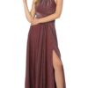 Nox Anabel Dress Style E184 5 Young women wearing a Nox Anabel Dress Style E184 in Burgundy. Soft shimmer jersey with a ruched halter neck bodice and ruched waistband from Prom dress specialist Silhouette London