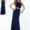Alyce Paris Dress Style 1216 6 Blonde model wearing a Alyce Paris Dress Style 1216 in Navy. Two piece jersey gown with an embellished halter neckline and strappy open back from Prom Dress Boutique Silhouette London.