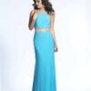Dave and Johnny Dress Style 1442 4 Brunette teenage girl wearing a Dave and Johnny Dress Style 1442 in Turquoise from from Prom Dress Boutique Silhouette London.