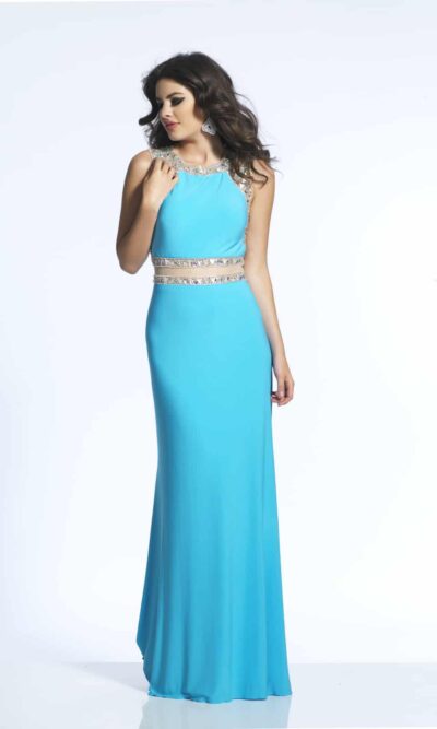 Brunette teenage girl wearing a Dave and Johnny Dress Style 1442 in Turquoise from from Prom Dress Boutique Silhouette London.
