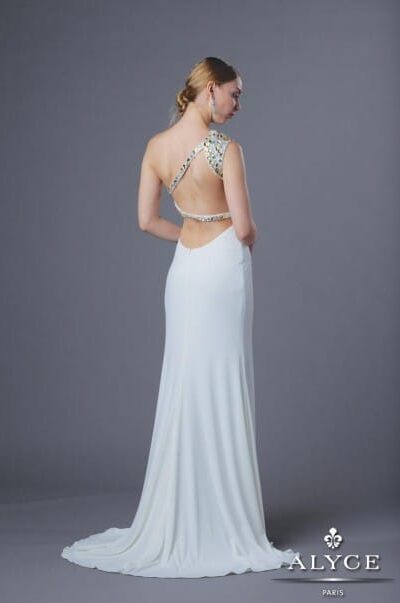 Young Woman wearing Alyce Paris Long Prom Dress Style 35578 in Ivory from Silhouette London a Prom Dress Boutique in Greater London