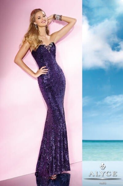 Young woman wearing an Alyce Paris Long Prom Dress Style 35627 in purple sequins from Silhouette London a Prom Dress Specialist Boutique in Greater London