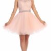 Dancing Queen Dress Style 9159 4 Young women wearing a Dancing Queen Dress Style 9159 in Pink. full lace and crystal bodice with keyhole detail at the back and full tulle skirt from Prom Dress Boutique Silhouette London