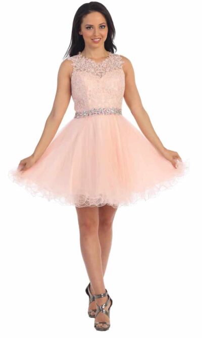 Young women wearing a Dancing Queen Dress Style 9159 in Pink. full lace and crystal bodice with keyhole detail at the back and full tulle skirt from Prom Dress Boutique Silhouette London