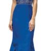 Dancing Queen Dress Style 9355 9 Brunette teenage girl wearing a Dancing Queen Prom Dress Style 9355 Royal Blue. Fabulous Halter neck crystal embellished bodice with T bar zip closing at the back, tops a gorgeous mermaid style satin skirt from Prom Dress Boutique Silhouette London.