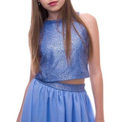 Brunette girl wearing a Un Deux Trois Blue Sequin Top in Soft mid Blue. Fabulous high necked sequin vest top with soft back from Silhouette London, Girls party dress specialists in London.