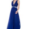 Embellished Chiffon Maxi Dress 3 Young women wearing a Chiffon Maxi Dress in Royal Blue. Plunge neck with criss cross back and floaty chiffon skirt adorned with crystals at the waistband and the straps from Prom Dress Boutique Silhouette London.