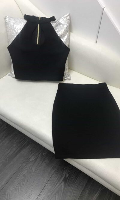 Sally Miller Megan Two Piece in black. Halter neck textured jersey two piece with keyhole detail on the bodice. Bodycon short skirt from Silhouette London, Girls party dress specialists in London