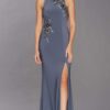 Tiffany Illusion Prom Megan Dress 4 Young women wearing a Tiffany Illusion Prom Megan Dress in Charcoal. Full halter neck dress with scattered crystal embellishment from Prom Dress Boutique Silhouette London