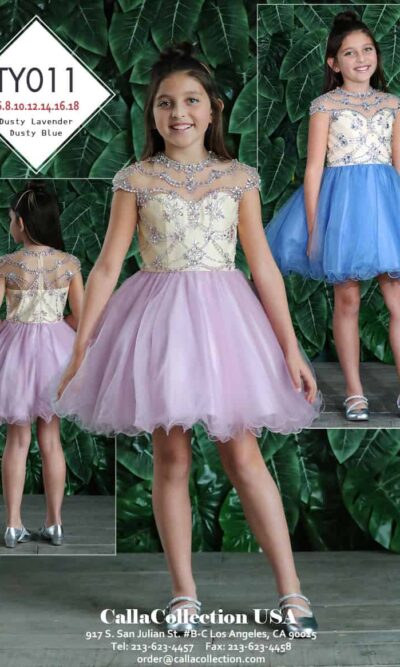 Young girl wearing a Calla Collection Dress Style TY011 Fabulous cap sleeve embellished bodice with gorgeous dusty blue full tulle skirt from Silhouette London, Girls party dress specialist in London
