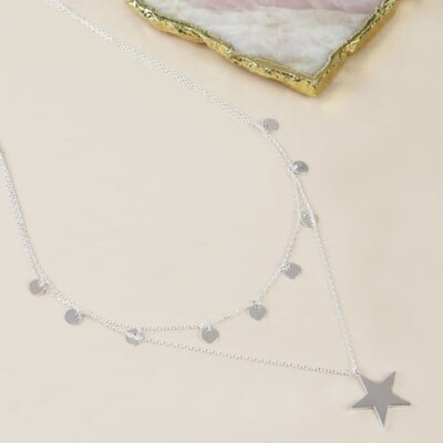 Silver plated Double Layer star necklace with shorter length with circle pendants ad longer length with single star pendant