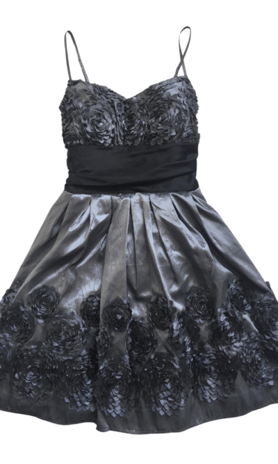 Pre-Loved Grey and Black Taffeta Party Dress by B Darlin on a white background available from Silhouette London, a teen fashion boutique in Greater London