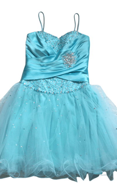 Mori Lee Tulle and Satin Party Dress on white background. Satin spaghetti straps and waistband with diamante detail. Full scalloped edge tulle skirt and sweetheart neckline.