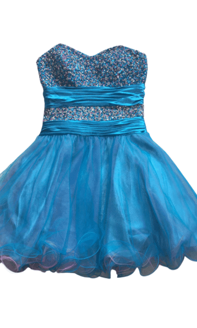 Stunning tuquoise and purple two tone sequin and tulle party dress with ruched satin waistband detail