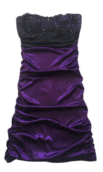 Pre-Loved Speechless Black Sequin and Purple and Black satin jersey ruched dress on white background available from Silhouette London, a girls and teen fashion boutique in London