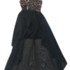 Pre-Loved Cameo Rose Hi-Low Dress Size 10 2 Cameo Rose Dress with leopard sweetheart bodice with zip detail and high low chiffon black skirt on white background available from Silhouette London, Girls and Teen Fashion Boutique in Greater London
