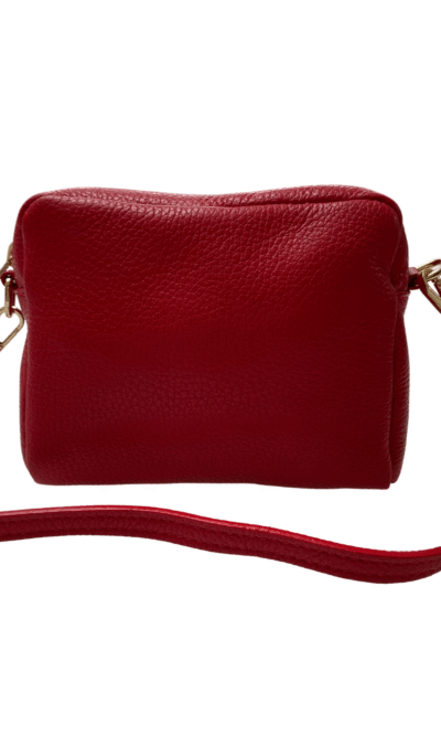 Red Leather crossbody bag size 16cm x 12cm x 5cm on a white background available from Silhouette London a teen fashion boutique in London