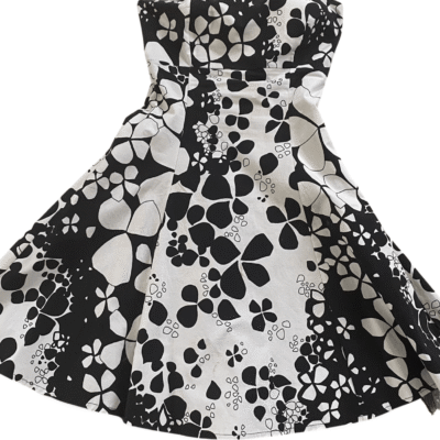Stunning black and cream floral strapless party dress on a white background available at Silhouette London, a teen party fashion boutique in Greater London