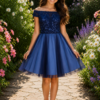 Pre-Loved Mori Lee Lace and Tulle Bardot Prom Dress 2 Pre-Loved Mori Lee Lace and Tulle Short Prom Dress in Navy and Light Blue on Model