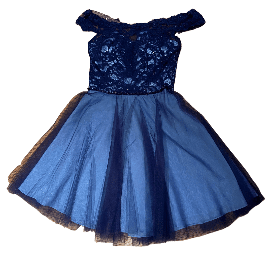Pre-Loved Mori Lee Lace and Tulle Bardot Prom Dress 2 Pre-Loved Mori Lee Navy/Sky Blue Lace and Tulle Bardot Short Prom Dress