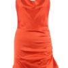 Orange Satin Ruched Cowl Dress 3 Orange Satin Cowl Neck Ruched Bodycon Dress
