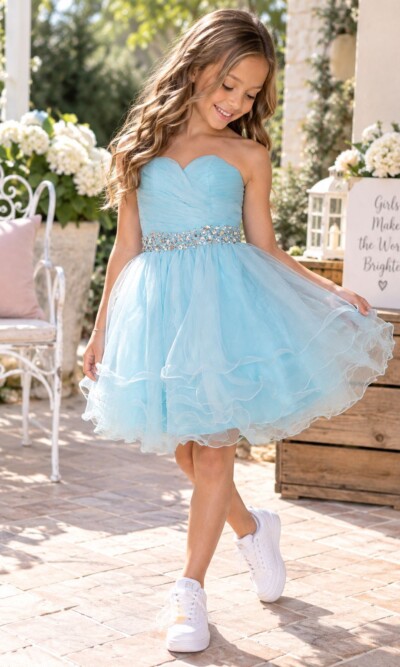 Pre-Loved Aqua Chiffon Party Dress with pleated bodice and tiered full skirt