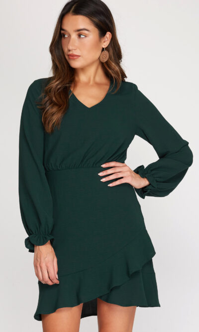 Ruffle V Neck Long Sleeve Dress in Hunter Green
