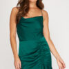 Satin Ruched Ruffle Dress in Green 2 Ruched Satin Ruffle Party Dress in Hunter Green