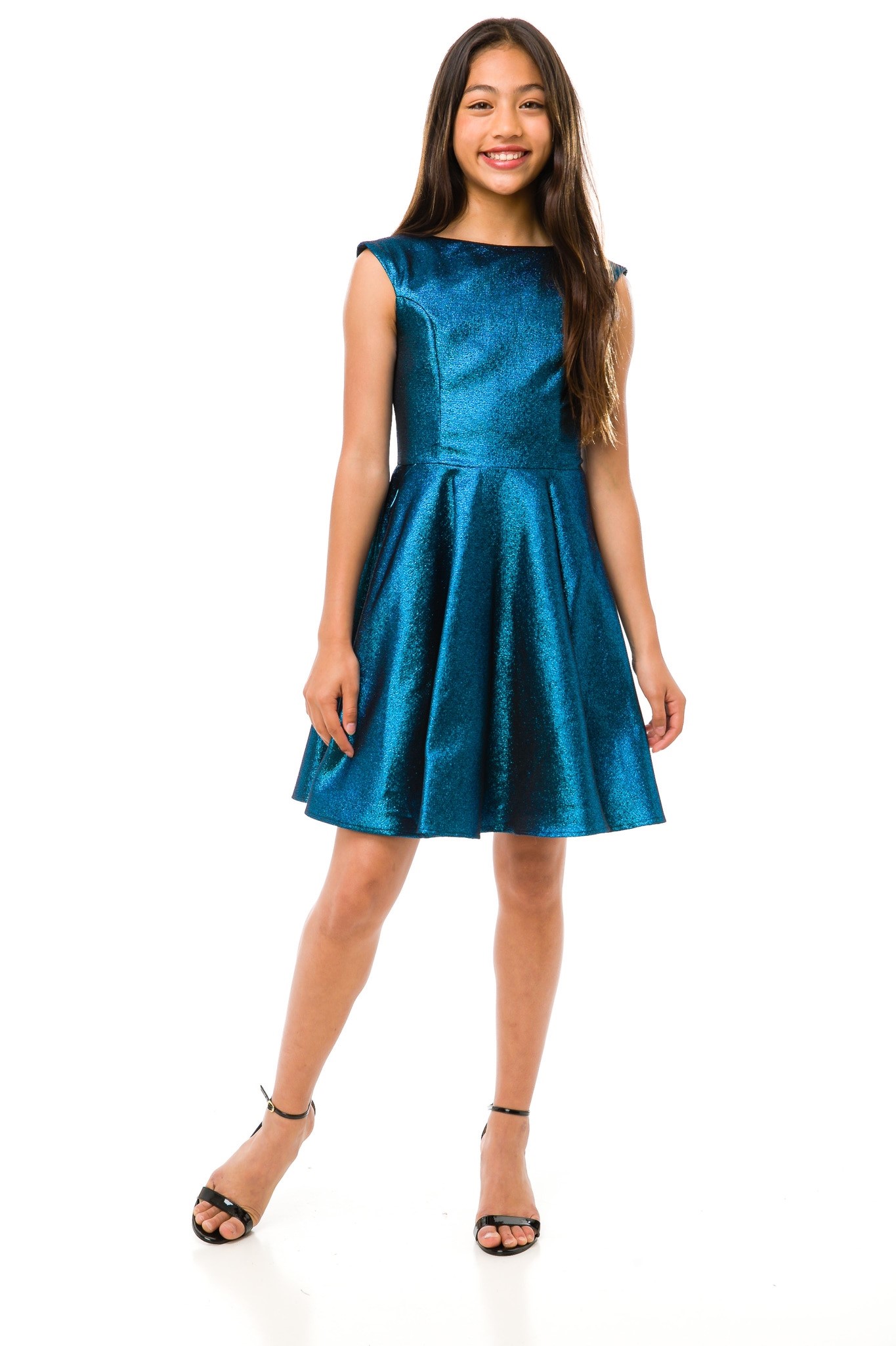 Pre-Loved UDT Cap Sleeve Dress Petrol Blue 1 Pre-Loved Cap Sleeve Un Deux Trois Skater Dress in Peacock Blue Shimmer on Model