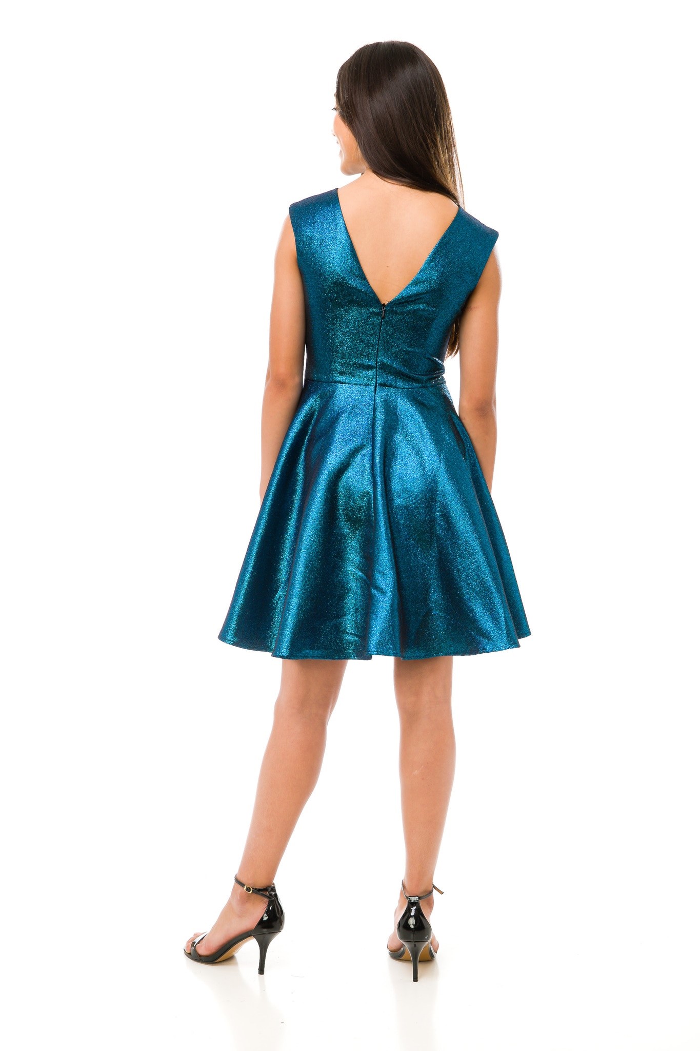 Pre-Loved UDT Cap Sleeve Dress Petrol Blue 2 Pre-Loved Cap Sleeve Un Deux Trois dress in Peacock Blue Shimmer Back