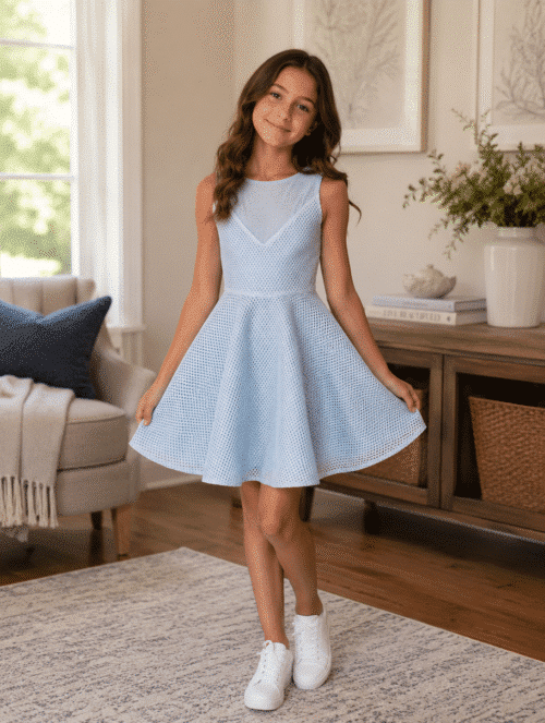 Pre-Loved David Charles Blue Open Mesh Dress 1 Pre-Loved David Charles Light Blue Mesh Skater Dress