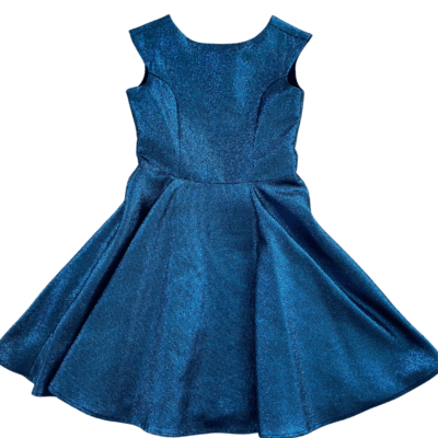 Pre-Loved Un Deux Trois Cap Sleeve Skater Dress in Petrol Blue Shimmer Jacquard