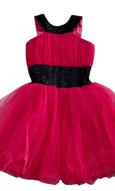 Pre-Loved Hot Pink Tulle Party Dress with Halter Neck and Black Sequin Detail