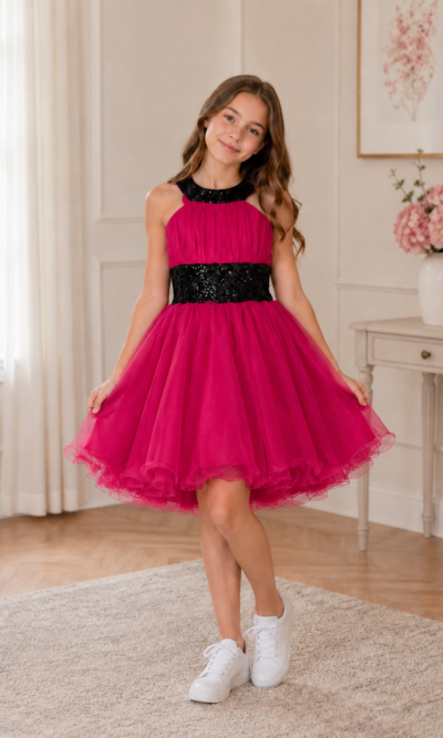 Pre-Loved Hot Pink & Black Halter Neck Tulle Party Dress