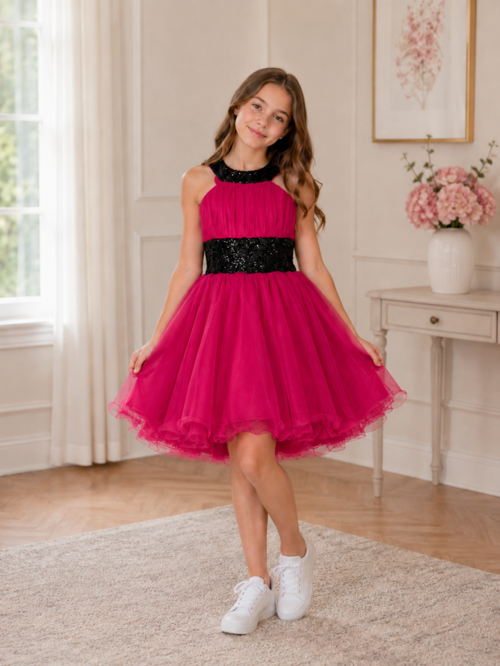 Pre-Loved Hot Pink & Black Tulle Halter Dress 1 Pre-Loved Hot Pink & Black Halter Neck Tulle Party Dress