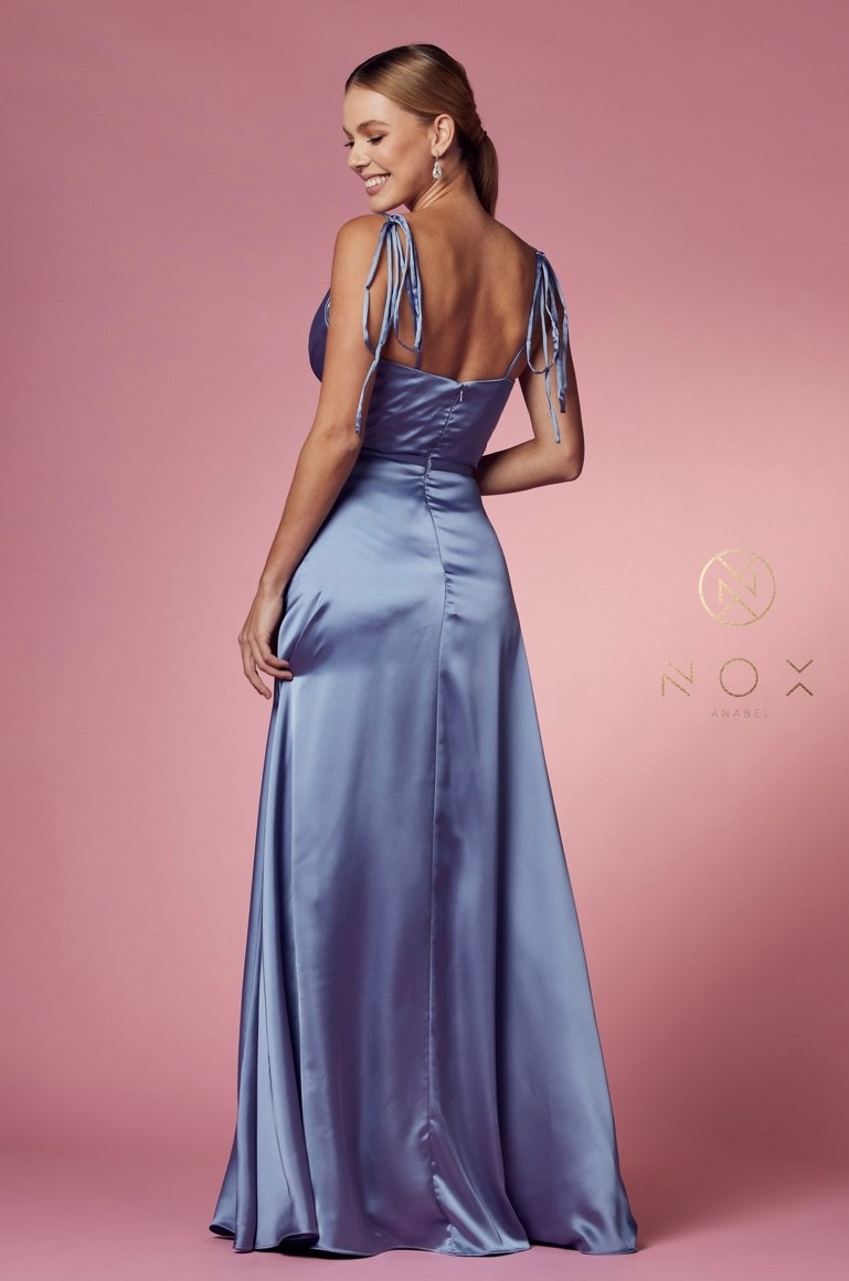 Nox Anabel Style R1029 in Slate Blue 2 Nox Anabel Long Prom Dress Style R1029 in Slate blue Back